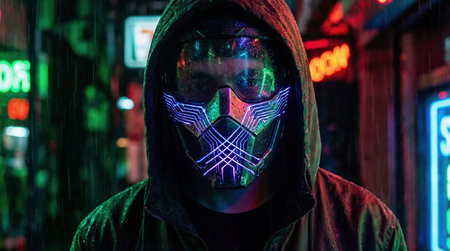 Portrait: person with futuristic face mask, intricate laser-patterned lines symbolizing data protection, sharp contrasts, dramatic cyberpunk lightingの素材