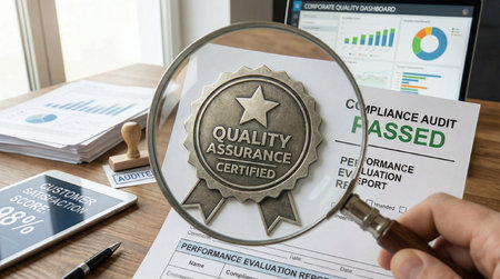 Magnifying glass highlighting quality assurance badge with star icon. Concept of certification, compliance, audit process, performance evaluation, customer satisfaction, and corporate qualityの素材