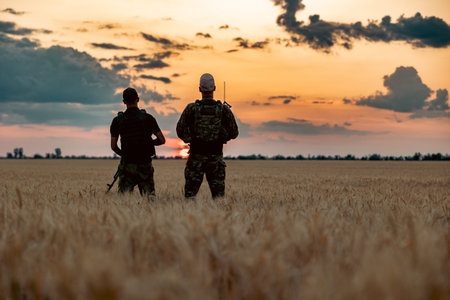 Two soldiers walking across a field at sunset. A dramatic silhouette of two soldiers walking through...