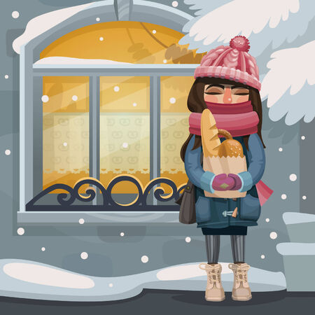 Girl with package of pastries on winter streetのイラスト素材