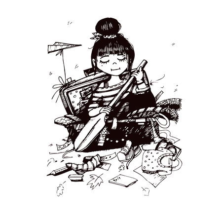 Girl collects a suitcase on vacation  Sketch  Vector のイラスト素材