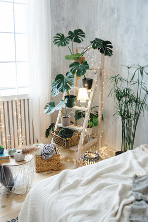 Wooden ladder shelf with various potted plants, surrounded by light grey walls, fairy lights, wicker baskets, and cozy textiles. Features a soft boho bed in the background, adding a serene touchの写真素材