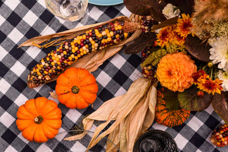 Decorated corn and pumpkin on the table.の写真素材
