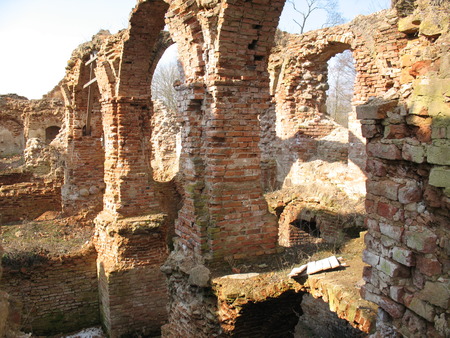 Ruins of the Krevsky lock. a laying from a red brick. background. Fortress.の写真素材