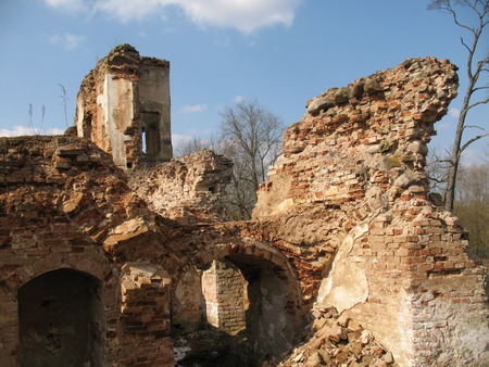 Ruins of the Krevsky lock. a laying from a red brick. background. Fortress.の写真素材