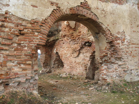 Ruins of the Krevsky lock. a laying from a red brick. background. Fortress.の写真素材