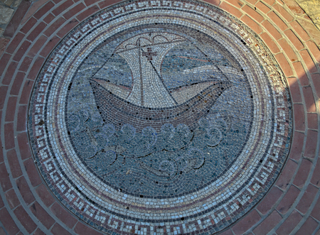 Mosaic of boat and see on floorの写真素材