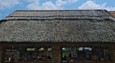 Reed roof on Serbian traditional shed, close upのeditorial素材