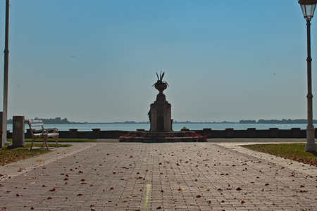 View on monument at boardwalk of Palic Lake, Serbiaの写真素材