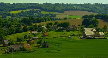 View from the hill on tranquil landscape in rural Normandyの写真素材