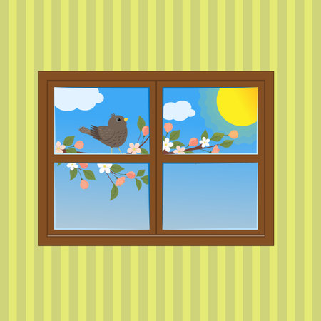 Flowering branch and birds on the window. vector illustration.のイラスト素材