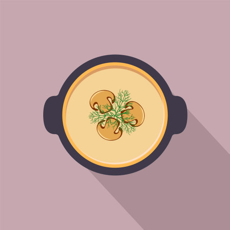 Soup puree with dill and champignons. Flat vector icon with long shadowのイラスト素材