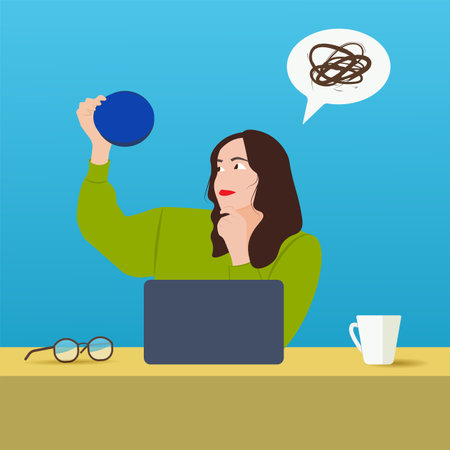illustration of a woman working from home with a laptop and a ballのイラスト素材