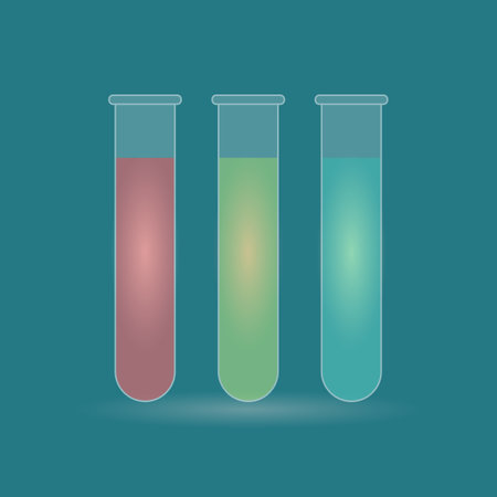 Set of test tubes with colorful liquid. Glassmorphism style vector illustration.のイラスト素材
