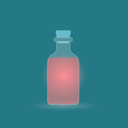 Transparent vial with red potion. vector illustration. Isolated on blue-green background.のイラスト素材