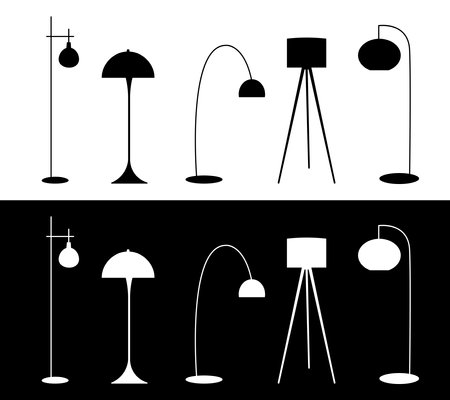 Set of different floor lamps black on white background and white on black background. vector illustration.のイラスト素材