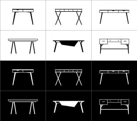 Furniture outline icons set. Desks. White on a black background and black on a white background.のイラスト素材