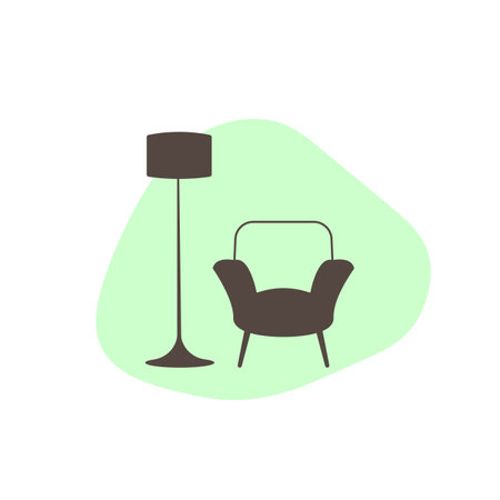 Armchair and floor lamp icon in flat style. Furniture vector icon on abstract figure backgroundのイラスト素材
