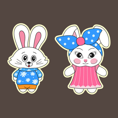 Cute cartoon rabbits in winter clothes. vector illustration. Isolated on brown background.のイラスト素材