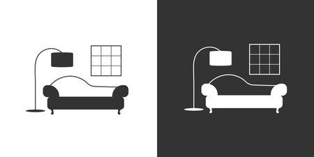 Fragment of a living room interior with a sofa and floor lamp. Simple black and white vector icon.のイラスト素材