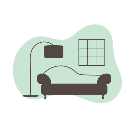Living room with sofa and floor lamp. Flat style vector icon.のイラスト素材