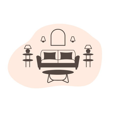 Living room with sofa, coffee tables and lamps. Flat vector icon.のイラスト素材