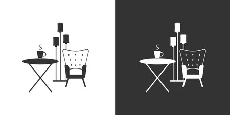 Interior with armchair, coffee table and floor lamp. Black and white vector flat icon.のイラスト素材