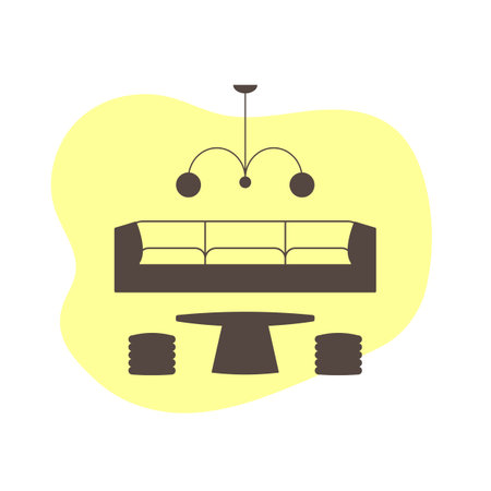 Living room furniture flat icon. Sofa, coffee table, ottomans, chandelier. Vector iconのイラスト素材