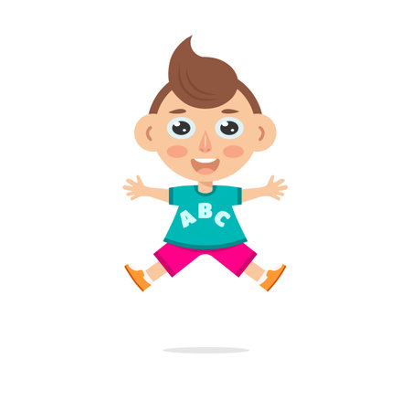 Cute little boy jumping. Vector character in a flat style.のイラスト素材