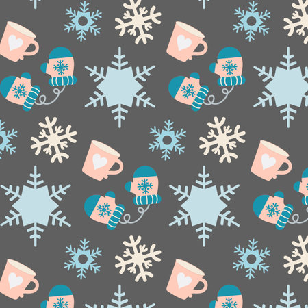 Seamless winter pattern with snowflakes, cups and mittens on dark gray background.のイラスト素材