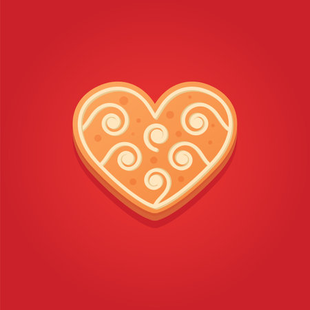 Gingerbread in the shape of a heart on a red background. Vector illustration in flat style.のイラスト素材