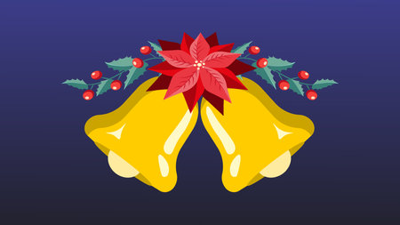 Christmas bells with poinsettia and holly. Flat style vector illustration for New Year designs.のイラスト素材