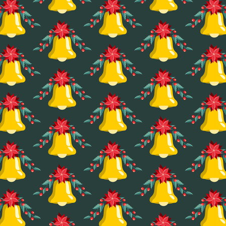 Christmas bells with poinsettia and holly berry seamless pattern. Print for paper, packaging, wallpaper, textiles, on fabric. Background for digital and graphic designs.のイラスト素材