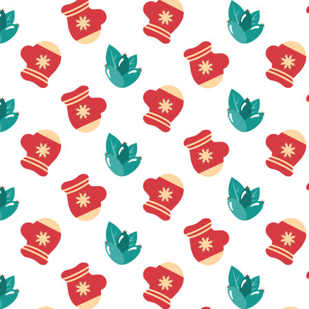 Seamless pattern with mittens, leaves and berries. Winter pattern. Vector illustration.のイラスト素材