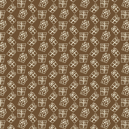 Seamless pattern with gift boxes on brown background. Vector illustration.のイラスト素材