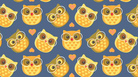 Seamless pattern with cute owls and hearts. Vector illustration.のイラスト素材