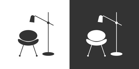 Floor lamp and chair icon. Black and white version. Vector illustration.のイラスト素材