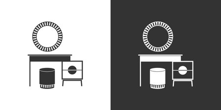 Dressing table with mirror and chair. Furniture icon on black and white background.のイラスト素材