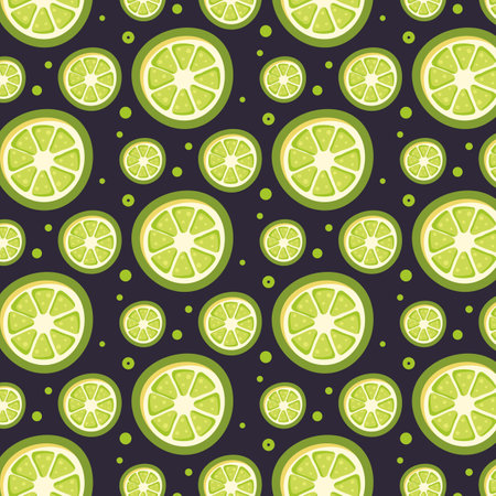 Citrus seamless pattern with lime slices on dark background. Vector illustration.のイラスト素材