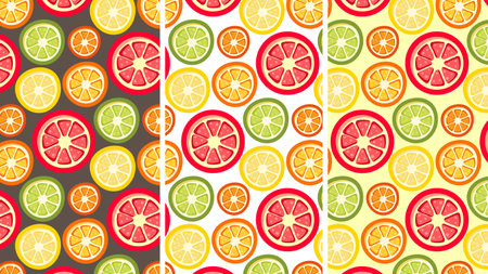 Citrus seamless pattern set with orange, lemon, lime, grapefruit, mandarin on dark, white and light backgrounds.のイラスト素材