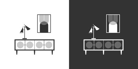 Interior icon with nightstand, table lamp and poster. Black and white. Outline furniture icon.のイラスト素材