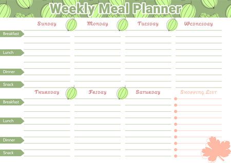 Weekly meal planner template with gooseberry. Hand drawn vector illustration.のイラスト素材