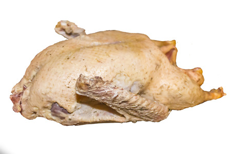 Country Goose Plucked with feathers and down. German cuisine. Singed over the fire and prepared for roasting on a white background.の写真素材