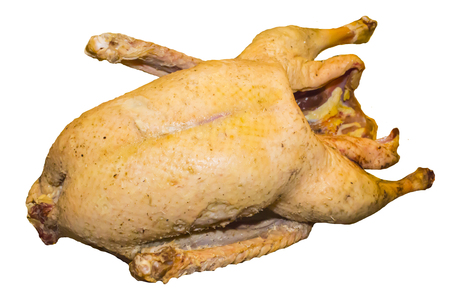 Country Goose Plucked with feathers and down. German cuisine. Singed over the fire and prepared for roasting on a white background.の写真素材