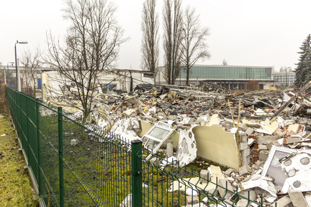 Building debris after the destruction of the old house. Construction site in the city of Warsaw, Poland.の写真素材