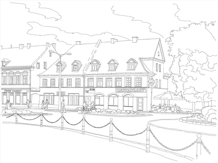 House of the nineteenth century on the central square of a small cozy town in Europe. Black and white vector illustration.のイラスト素材