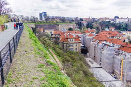 The view from  Vyshegrad rock to city of Prague in the early spring on a sunny day. Area of the old town in Prague, Czech Republic.のeditorial素材