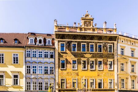 The facades of the buildings in the Baroque style with painted walls and moldings . Eighteenth century . The Old Town District . Prague , Czech Republic.の写真素材