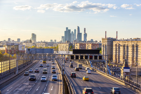 A hundred years Andreevsky Bridge across Moscow river after reconstruction. Combination High-speed road and metro routes. Spring day in the Moscow region.の写真素材