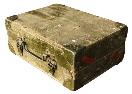 Old plywood toolbox . Belonged to an electrician or a plumber. Dyed green. With an iron handle and metal locks. Isolated on white background.の写真素材